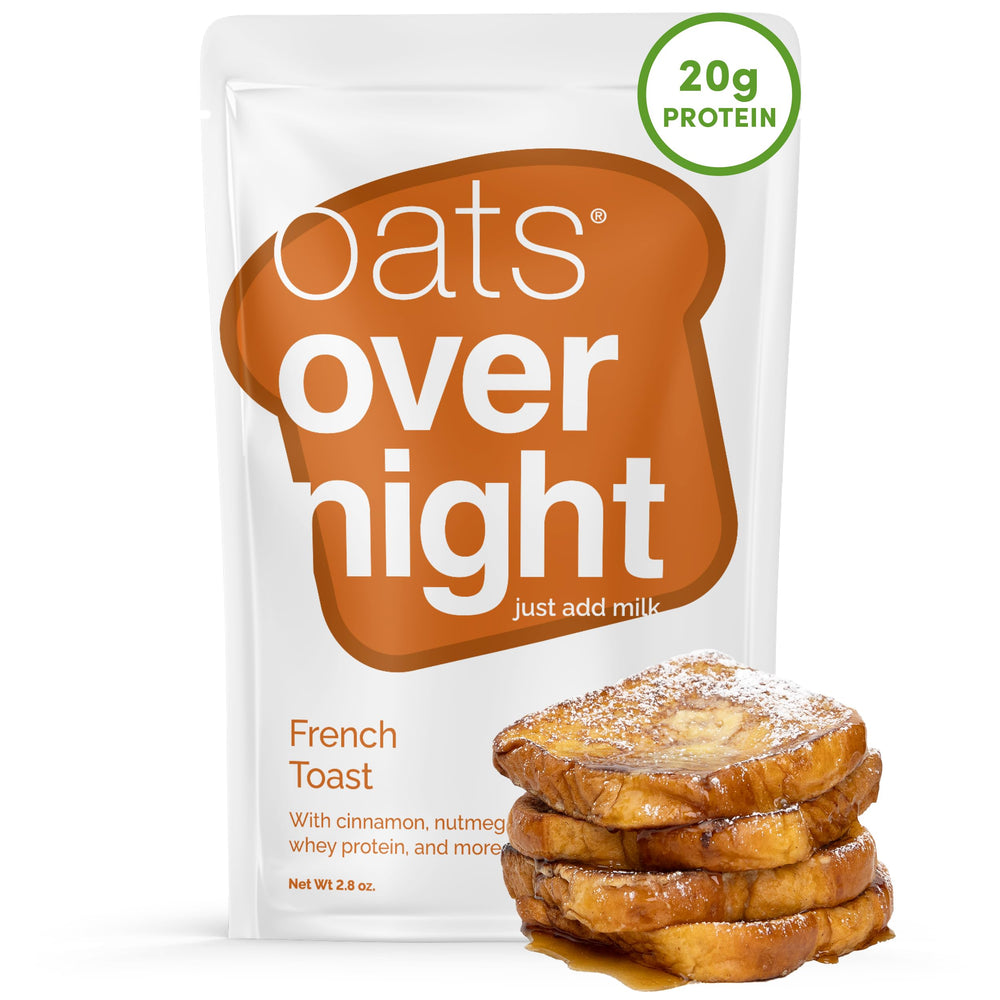 Oats Overnight French Toast packaging highlights gluten-free, high-protein breakfast for on-the-go mornings.