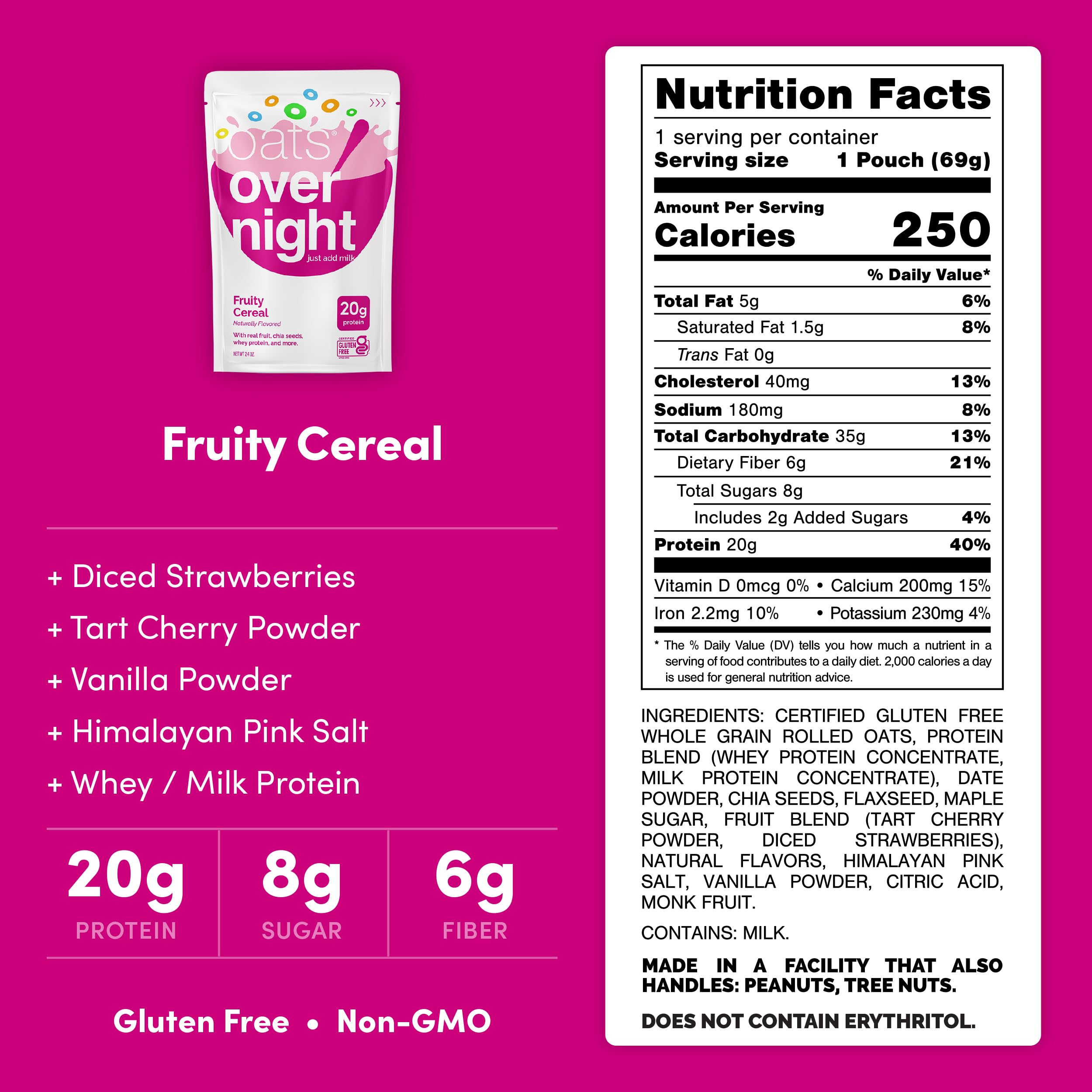 Oats Overnight Fruity Cereal bag serving shows easy overnight prep for mornings.