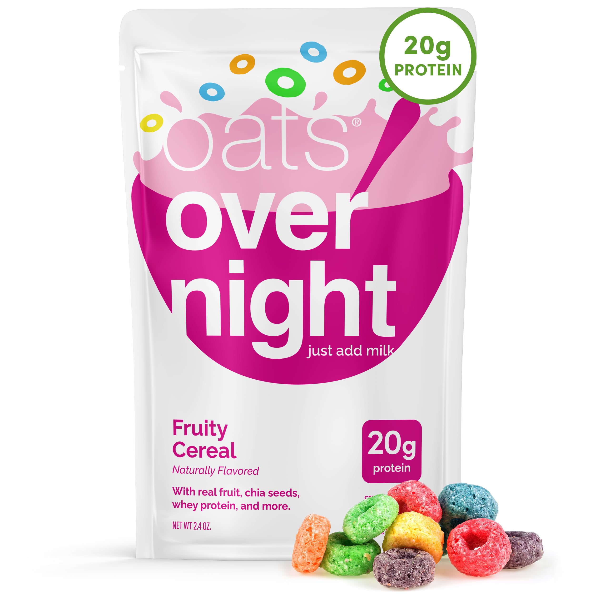 Oats Overnight Fruity Cereal packaging highlights gluten free oats and protein-rich mix.