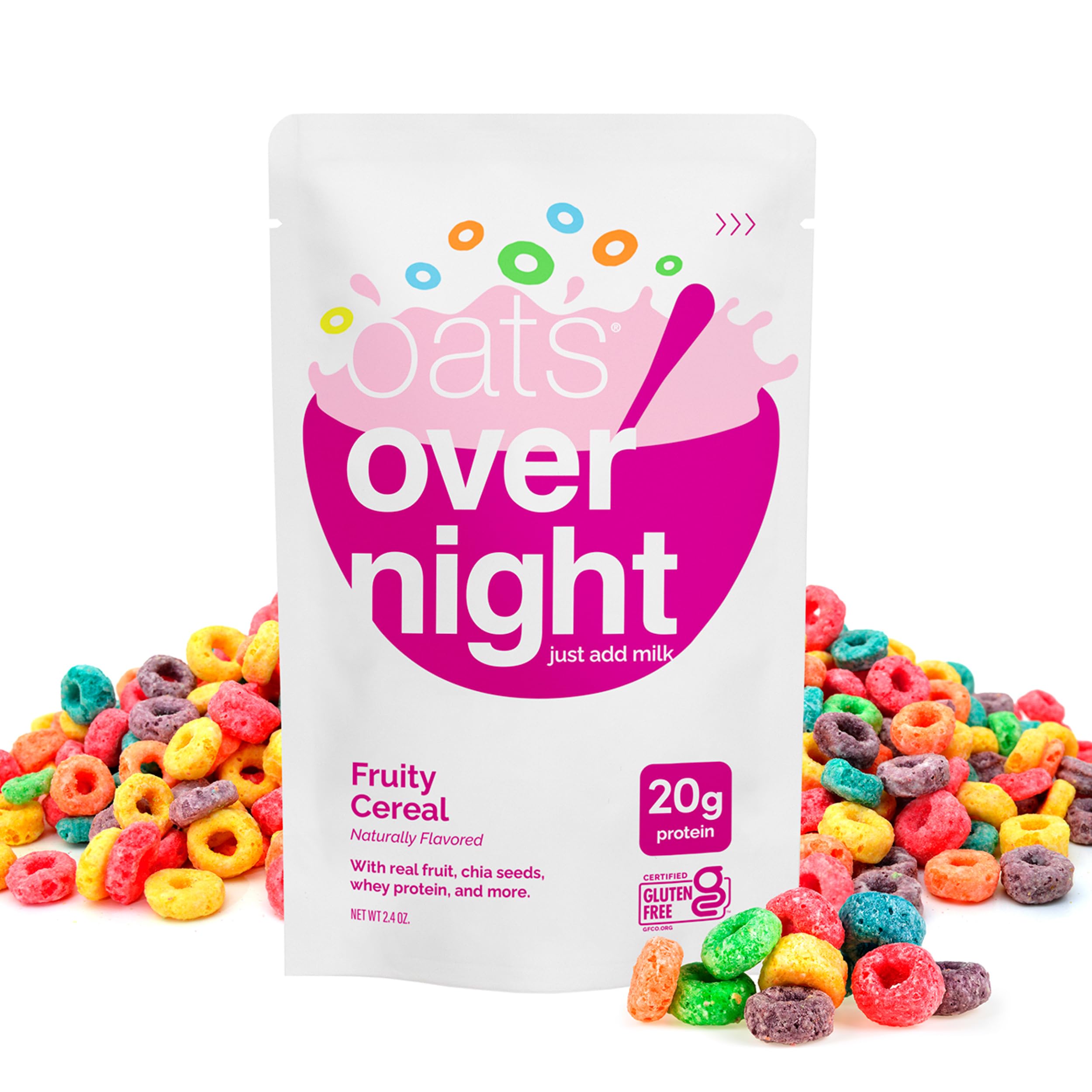 Protein-focused Oats Overnight Fruity Cereal boosts morning energy.