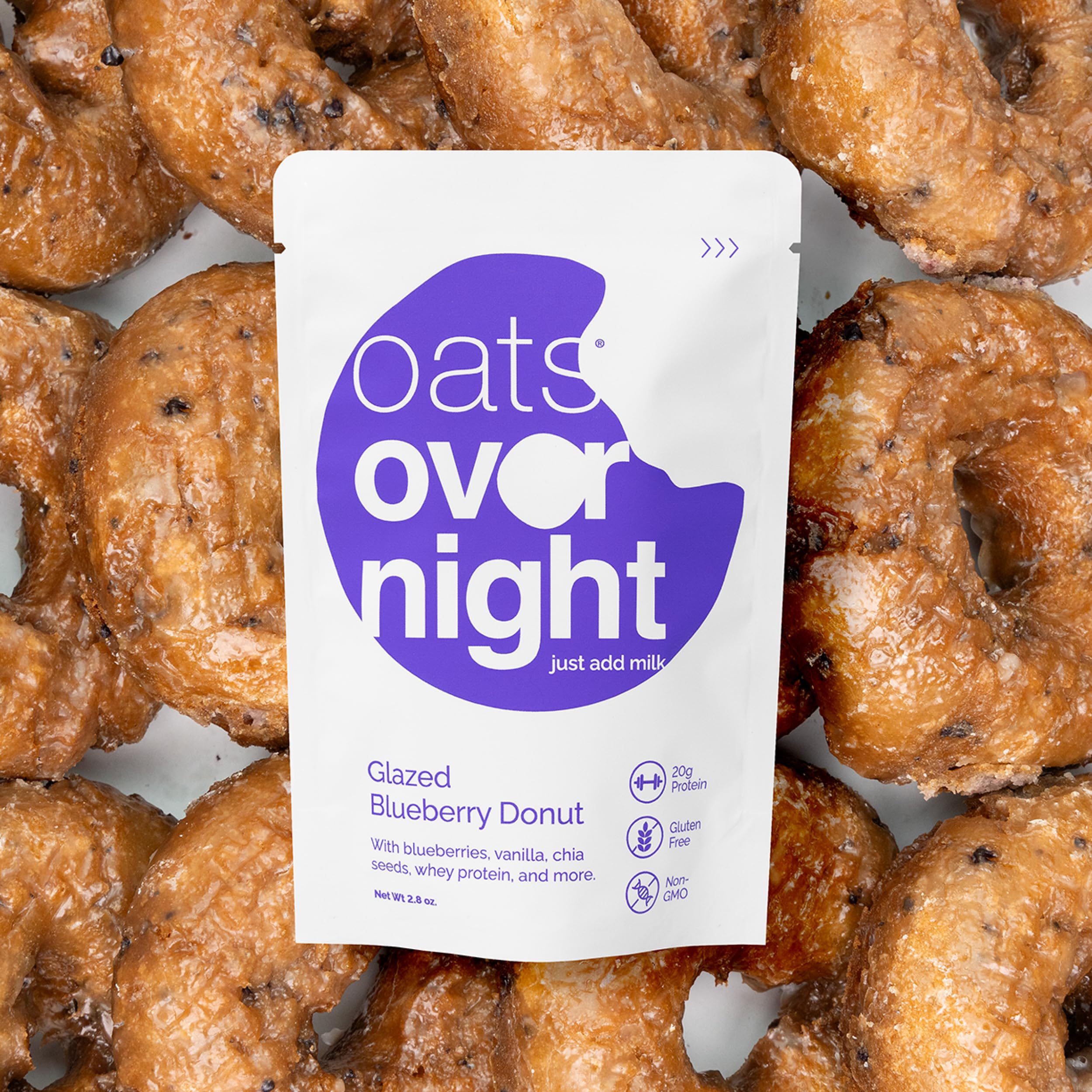 Oats Overnight glazed blueberry donut ingredients pack featuring gluten-free oats.