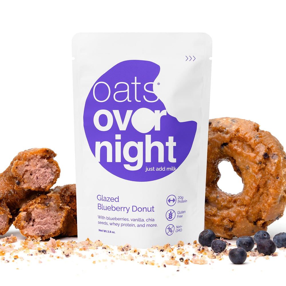 Oats Overnight glazed blueberry donut morning routine with ready breakfast.