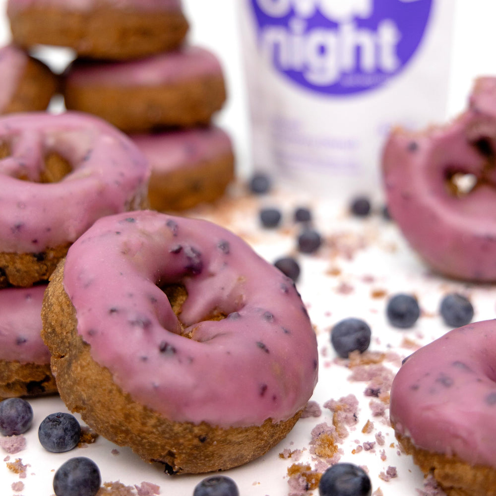 Oats Overnight glazed blueberry donut shaker ready for grab-and-go mornings.
