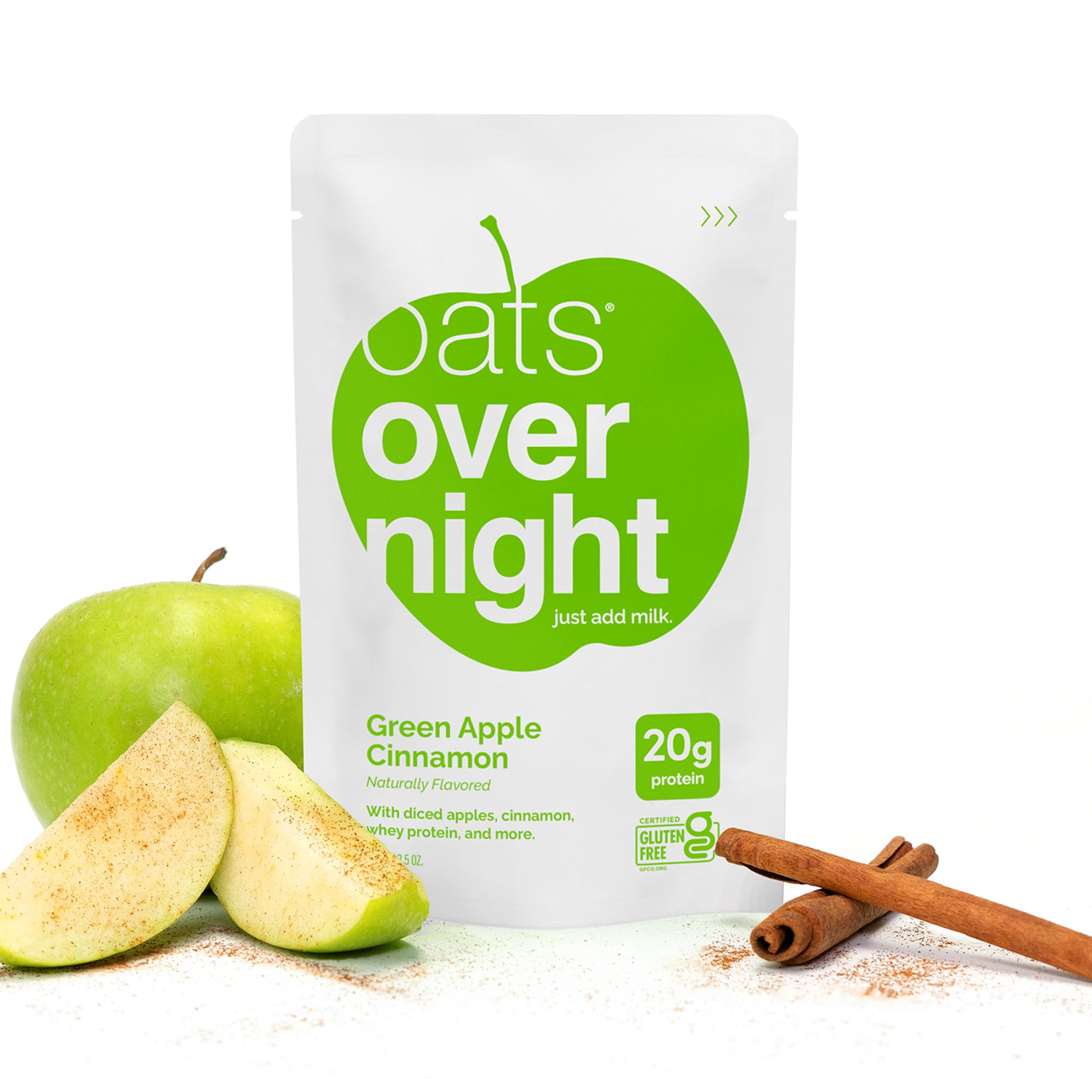 Oats Overnight Green Apple Cinnamon with diced apples and cinnamon highlights gluten-free oats.