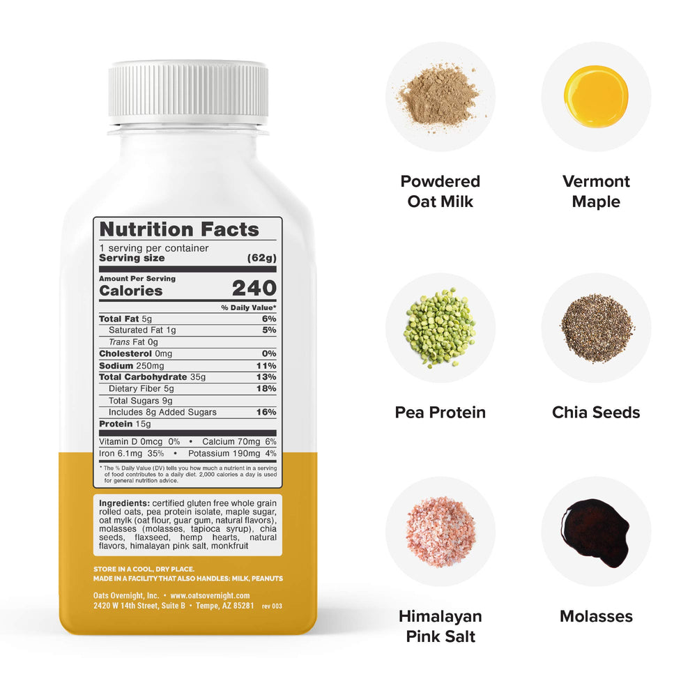 Oats Overnight maple brown sugar bottle label close-up, gluten-free and non-GMO notes.