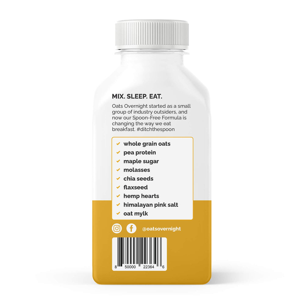 Oats Overnight nutrition panel on packaging highlights 15g protein per serving.
