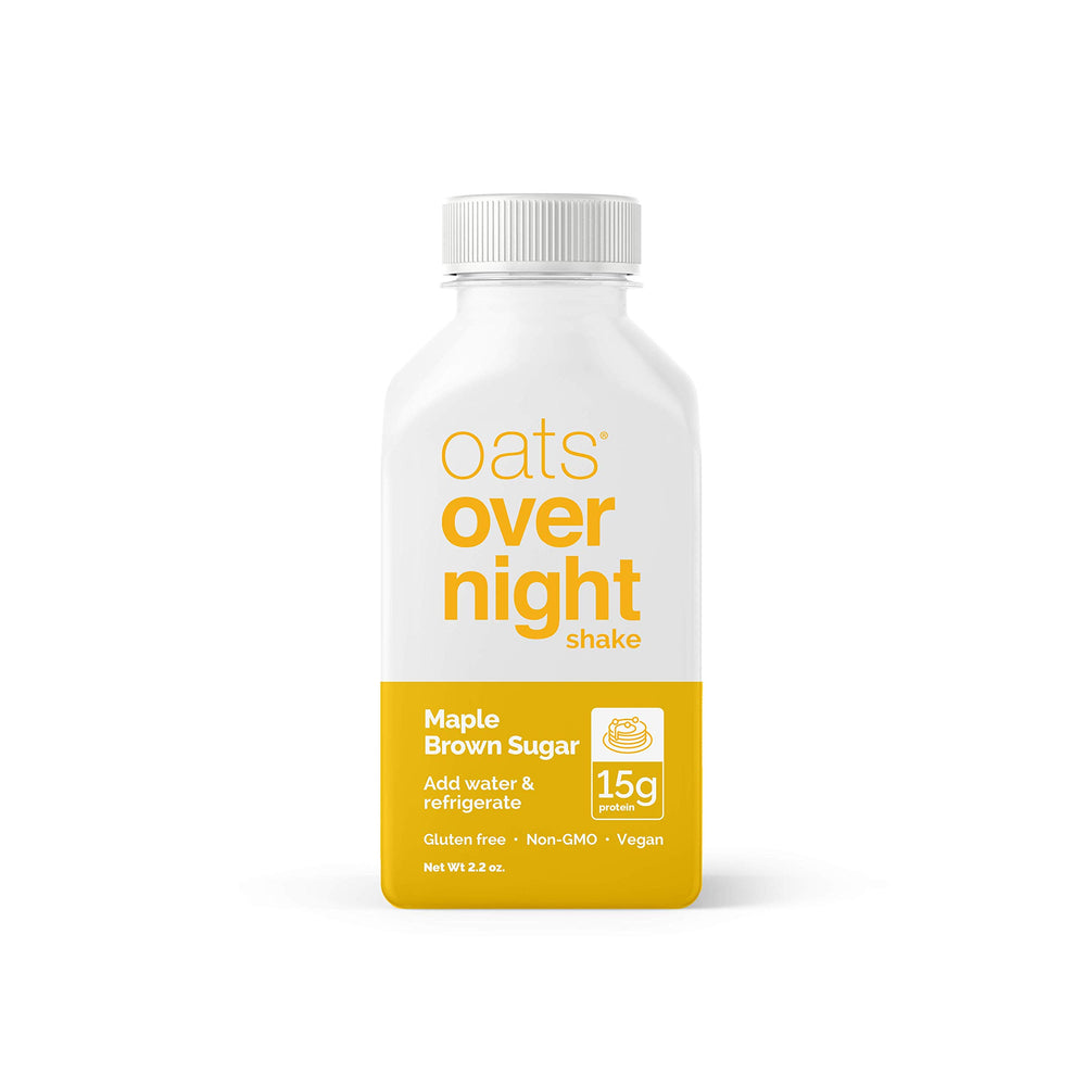 Oats Overnight maple brown sugar bottled shake being poured into a glass for a quick meal.