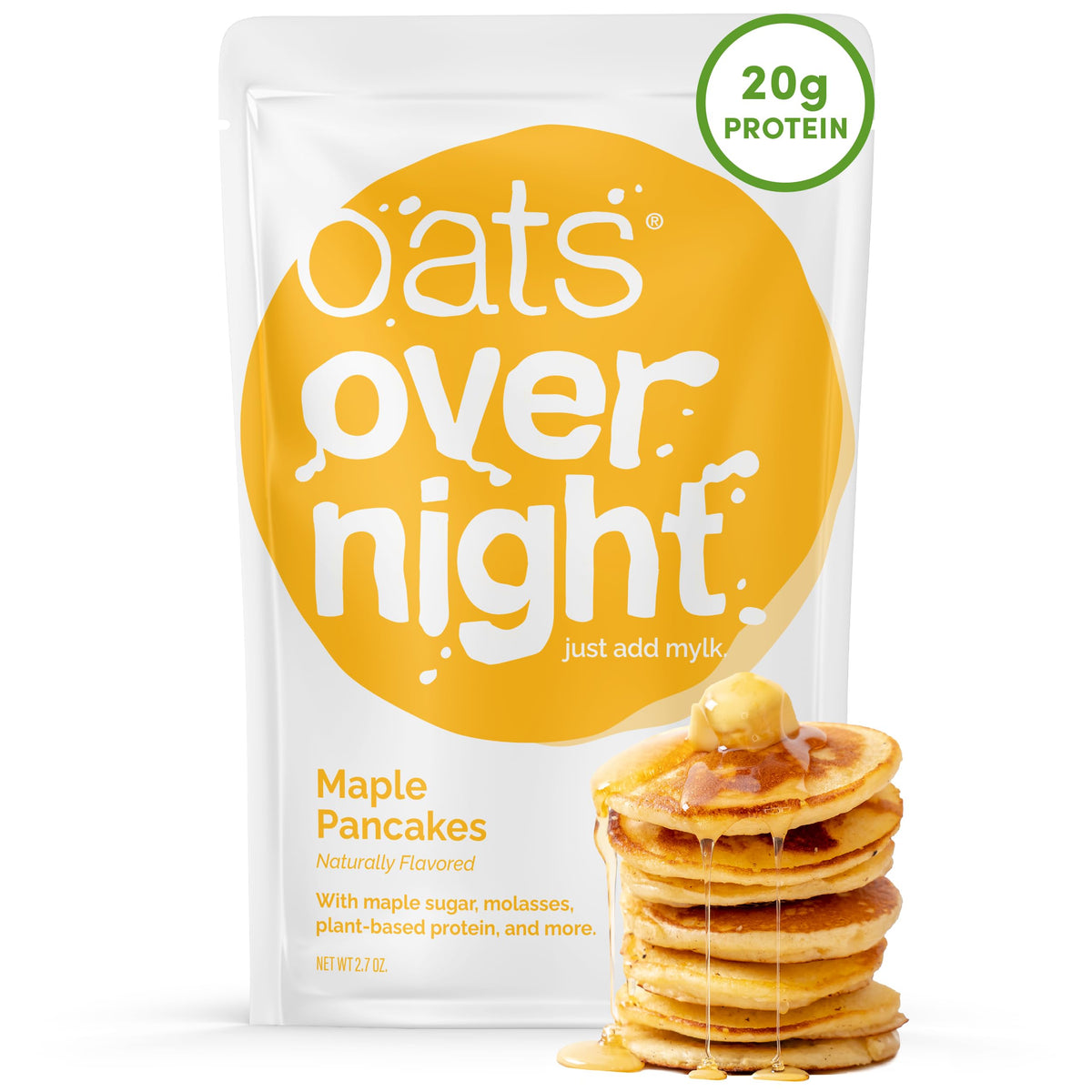Oats Overnight Maple Pancakes box showing convenient vegan breakfast option.