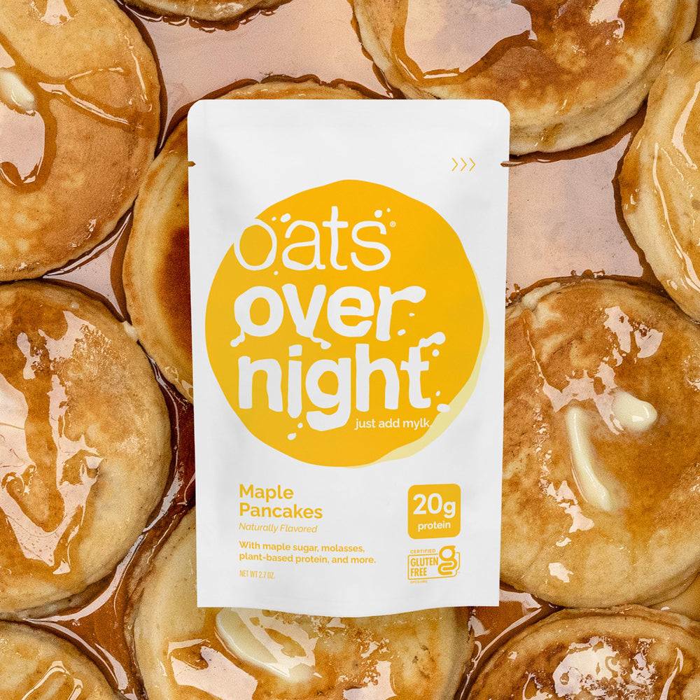 Oats Overnight Maple Pancakes mix with milk substitute for vegan protein boost.