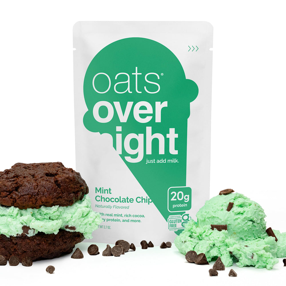Nutrition panel for Oats Overnight Mint Chocolate Chip highlighting gluten-free and non-GMO benefits.