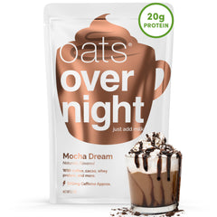 Oats Overnight Mocha Dream packaging highlights protein and fiber content