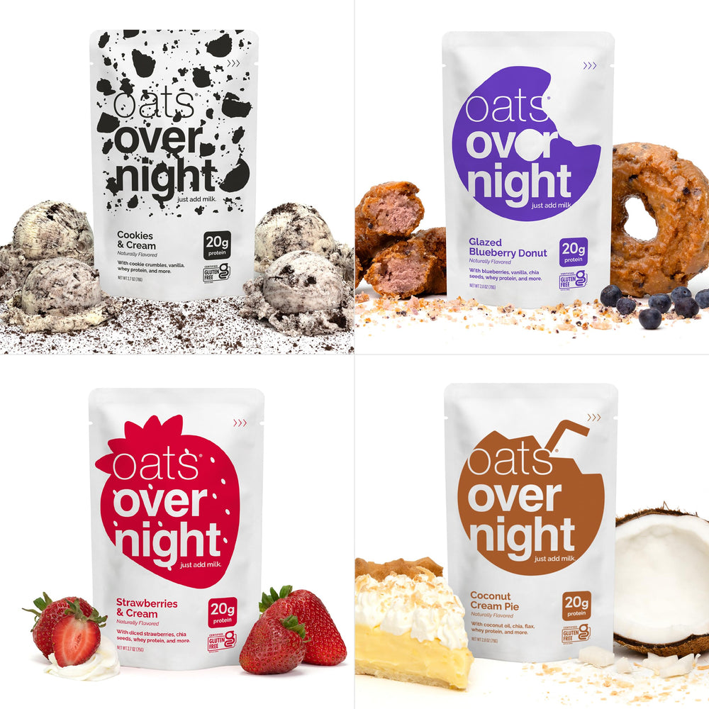 Oats Overnight Coconut Cream Pie flavor shown as a gluten free, high protein choice