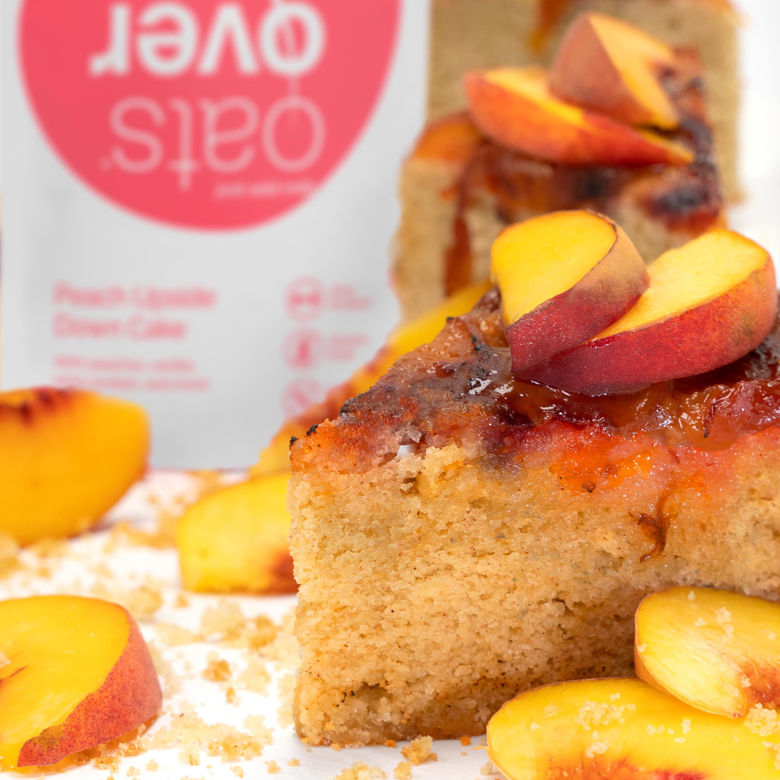 Oats Overnight Peach Upside Down Cake nutrition panel shows 20g protein and 6g fiber.