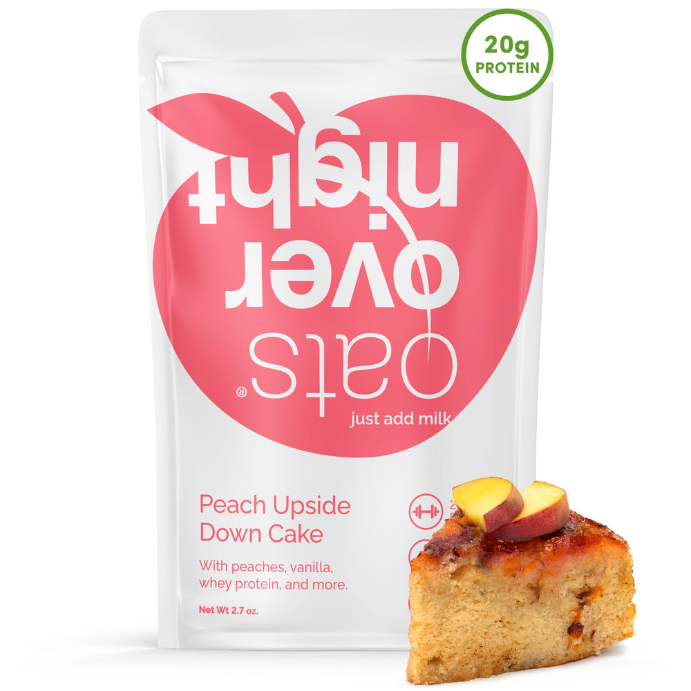 Oats Overnight Peach Upside Down Cake packaging shows real peaches and gluten-free oats for quick breakfasts.