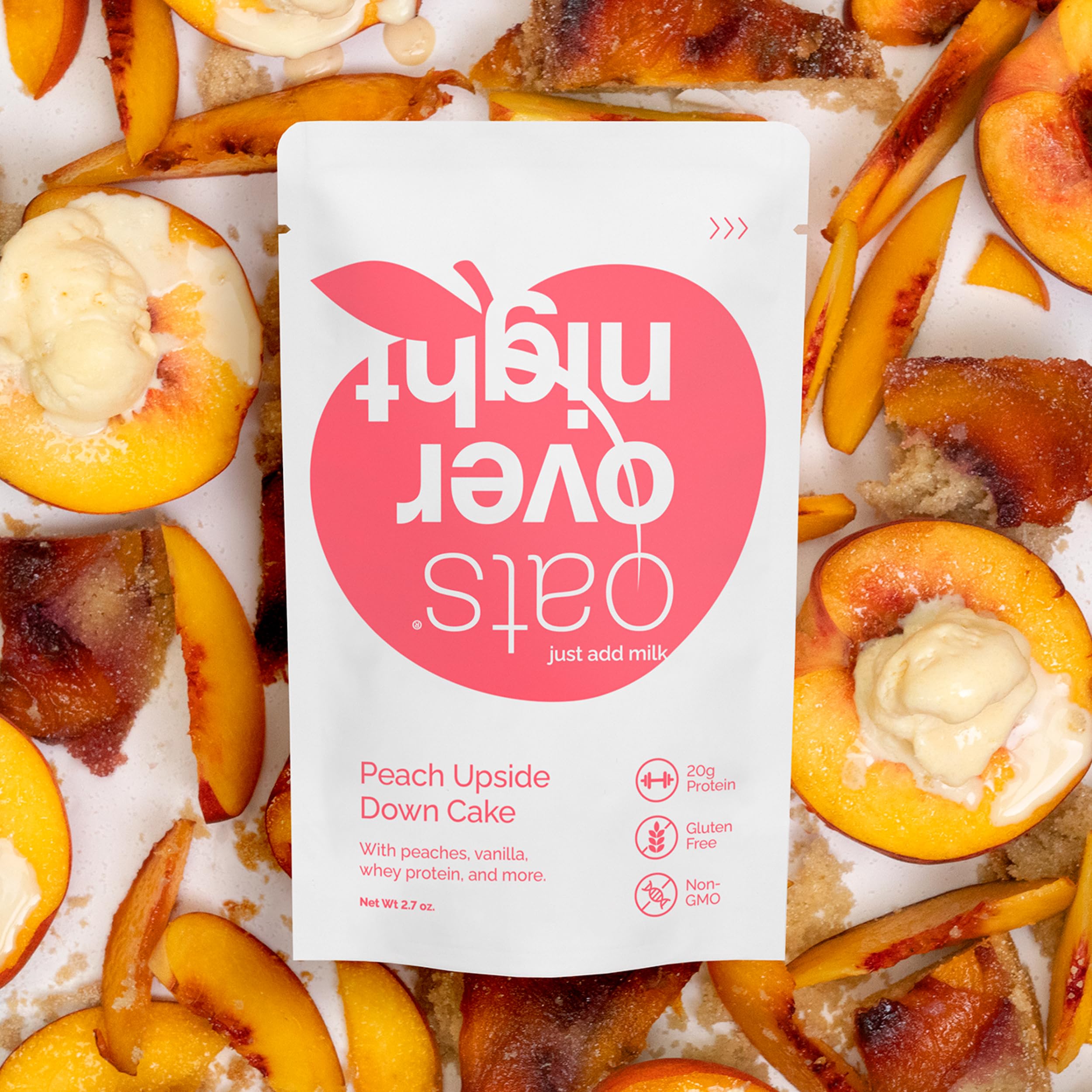 Oats Overnight Peach Upside Down Cake served with fresh peaches to highlight fruity flavor.