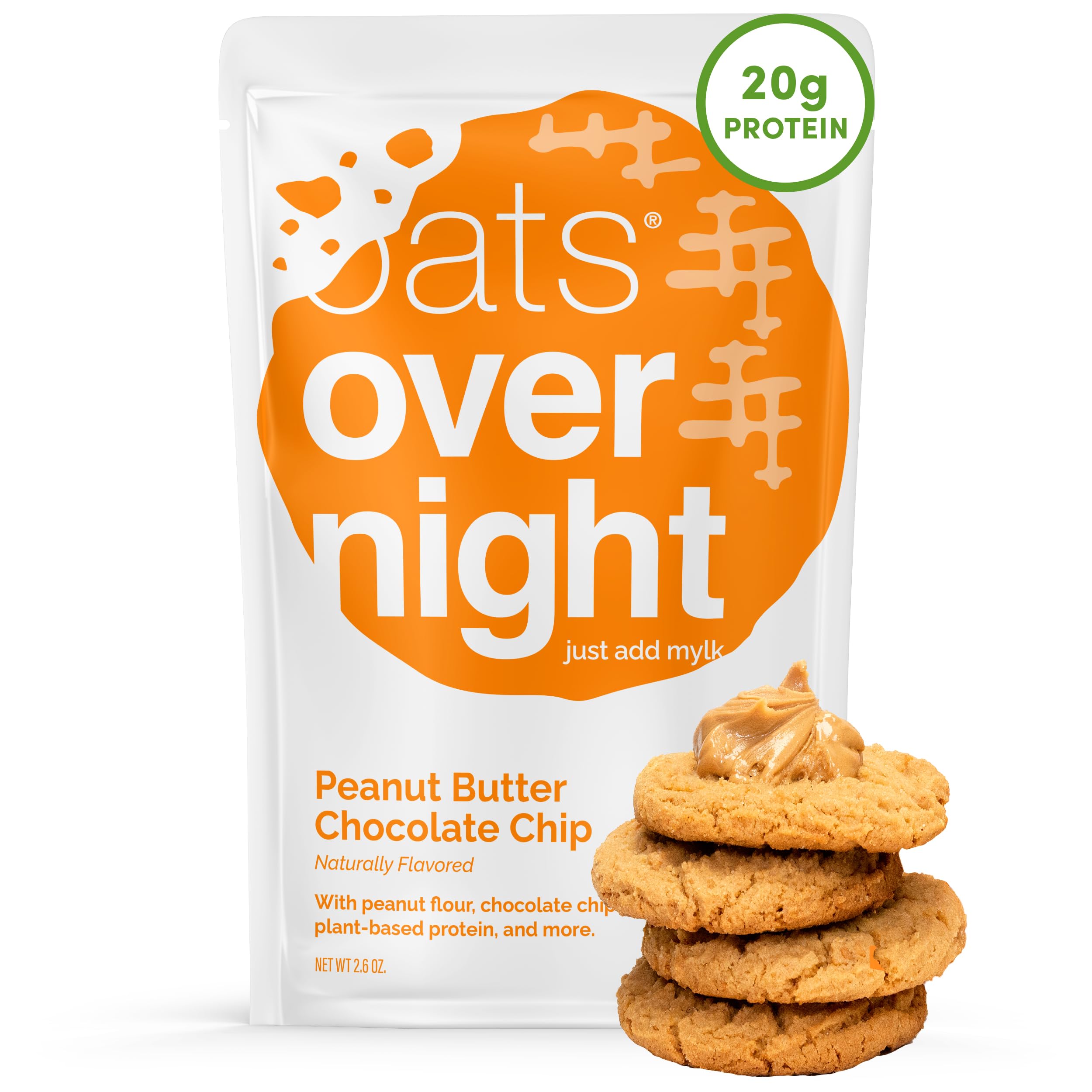 Oats Overnight peanut butter chocolate chip packaging highlights a quick, high-protein vegan breakfast.