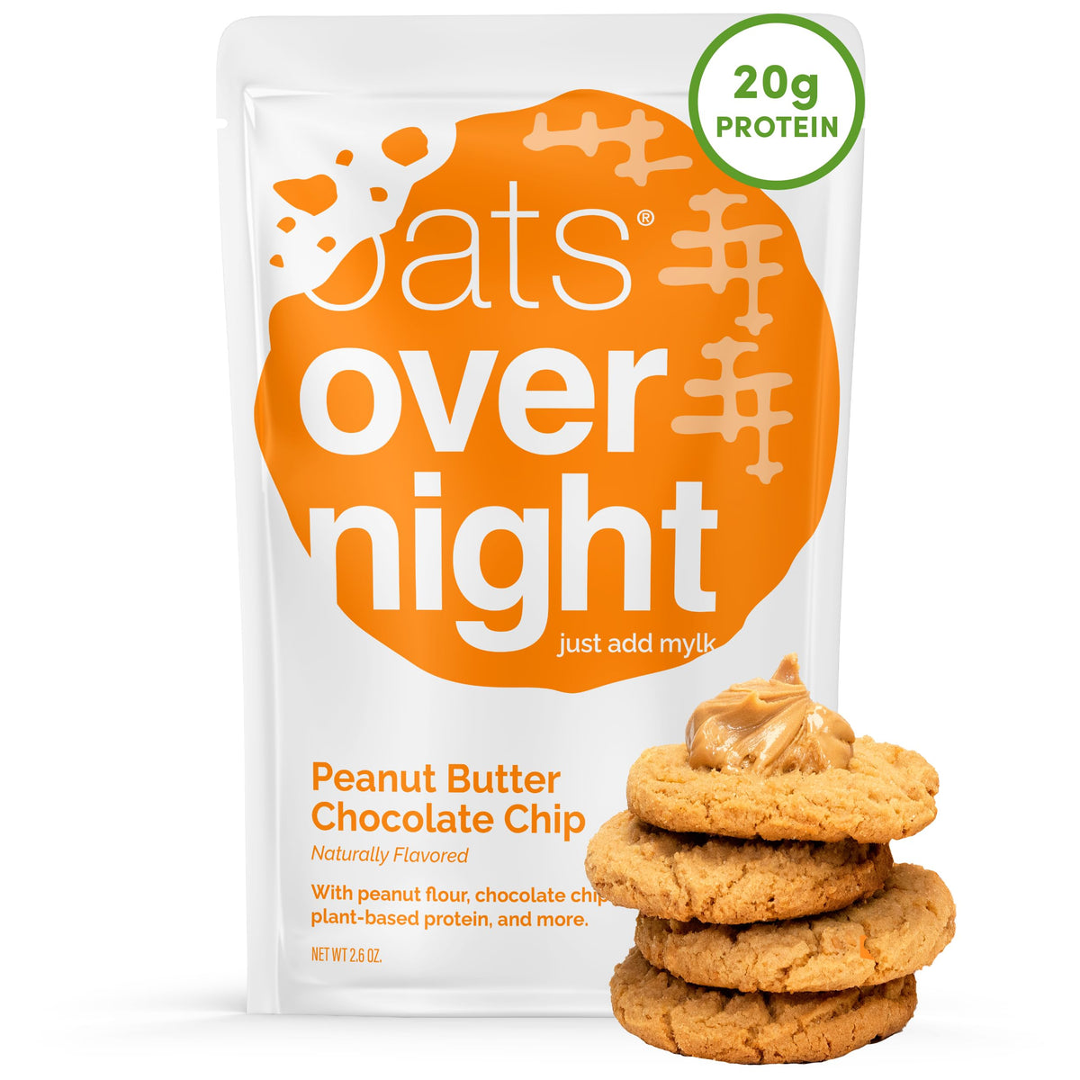 Oats Overnight peanut butter chocolate chip packaging highlights a quick, high-protein vegan breakfast.