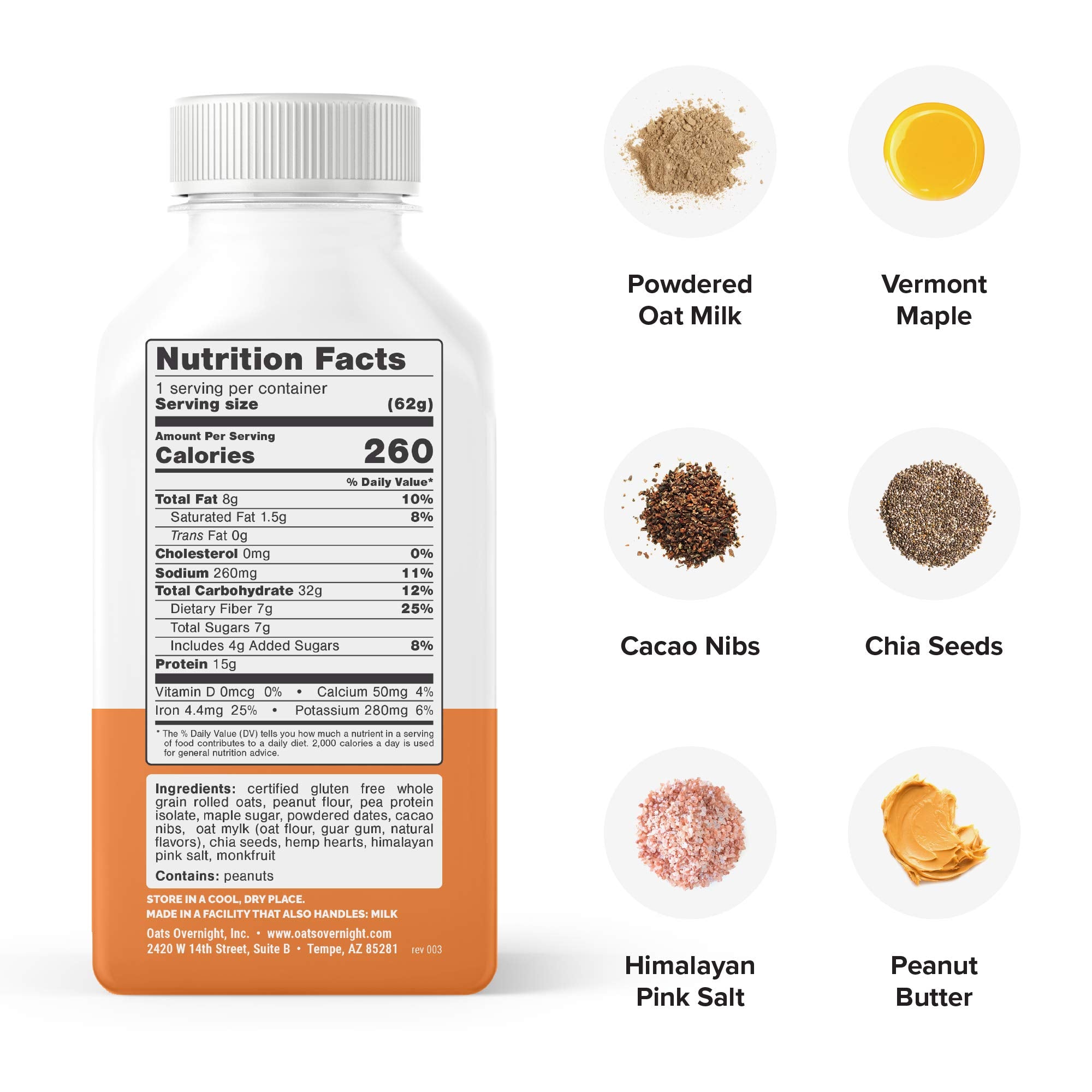 Oats Overnight Peanut Butter Crunch bottled shake closeup label communicates gluten free and non-GMO promise