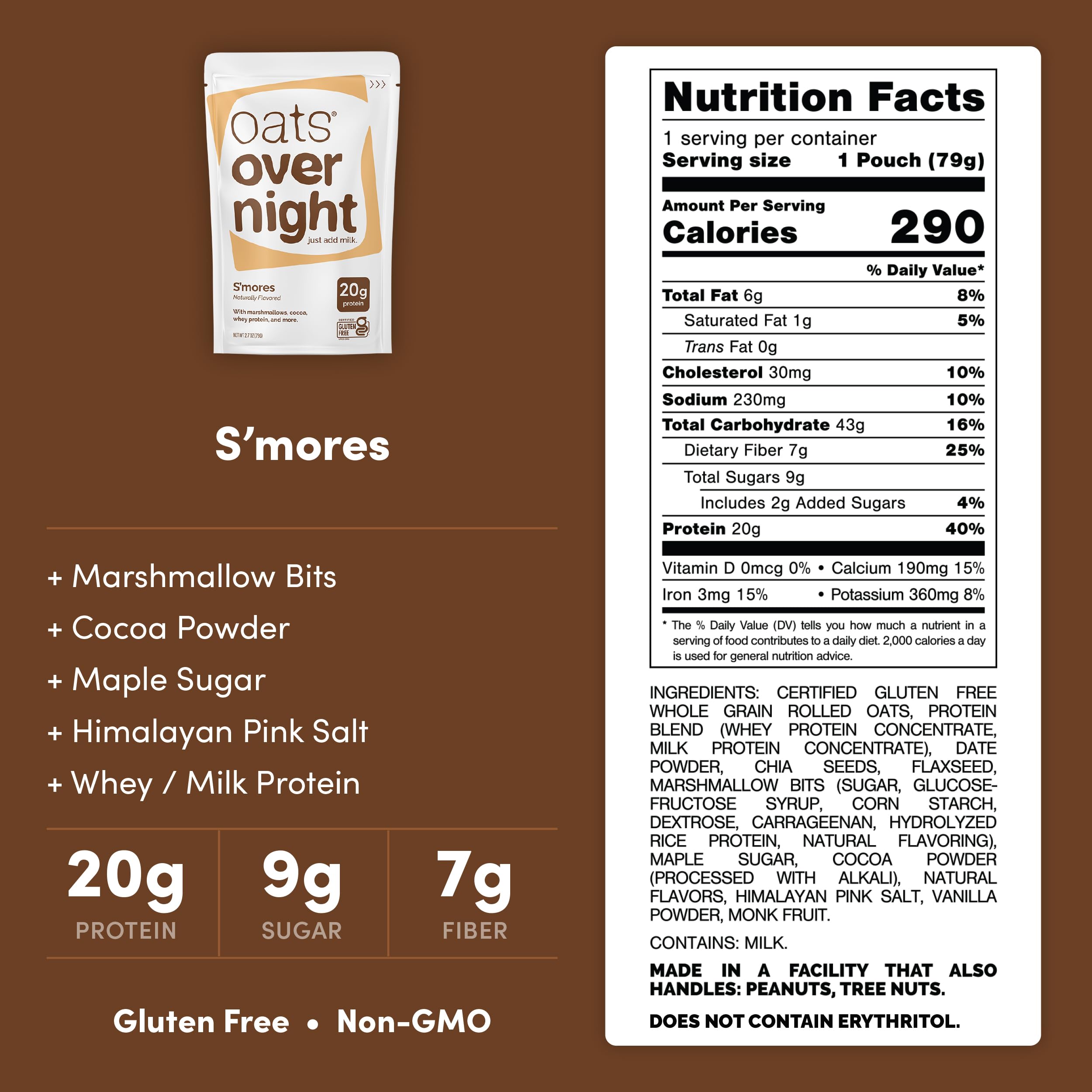 Oats Overnight Smores ingredients highlight protein and fiber.