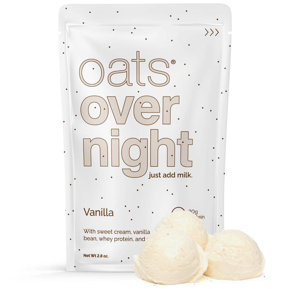 Oats Overnight Vanilla pack image highlighting convenient overnight prep for busy mornings