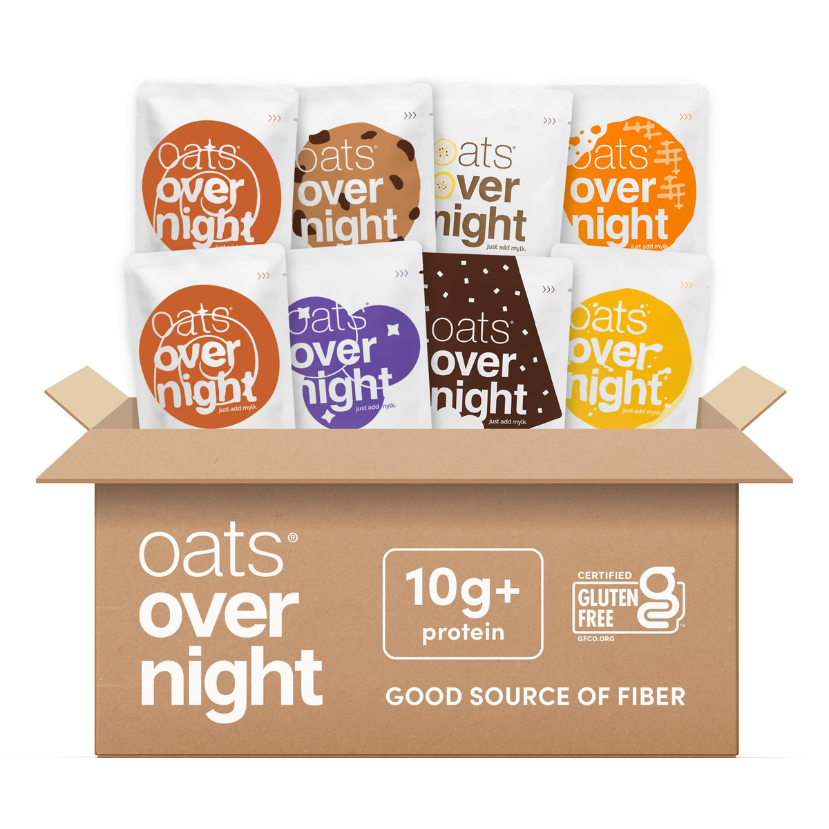 Oats Overnight vegan variety pack packshot highlighting gluten-free oats and plant-based protein