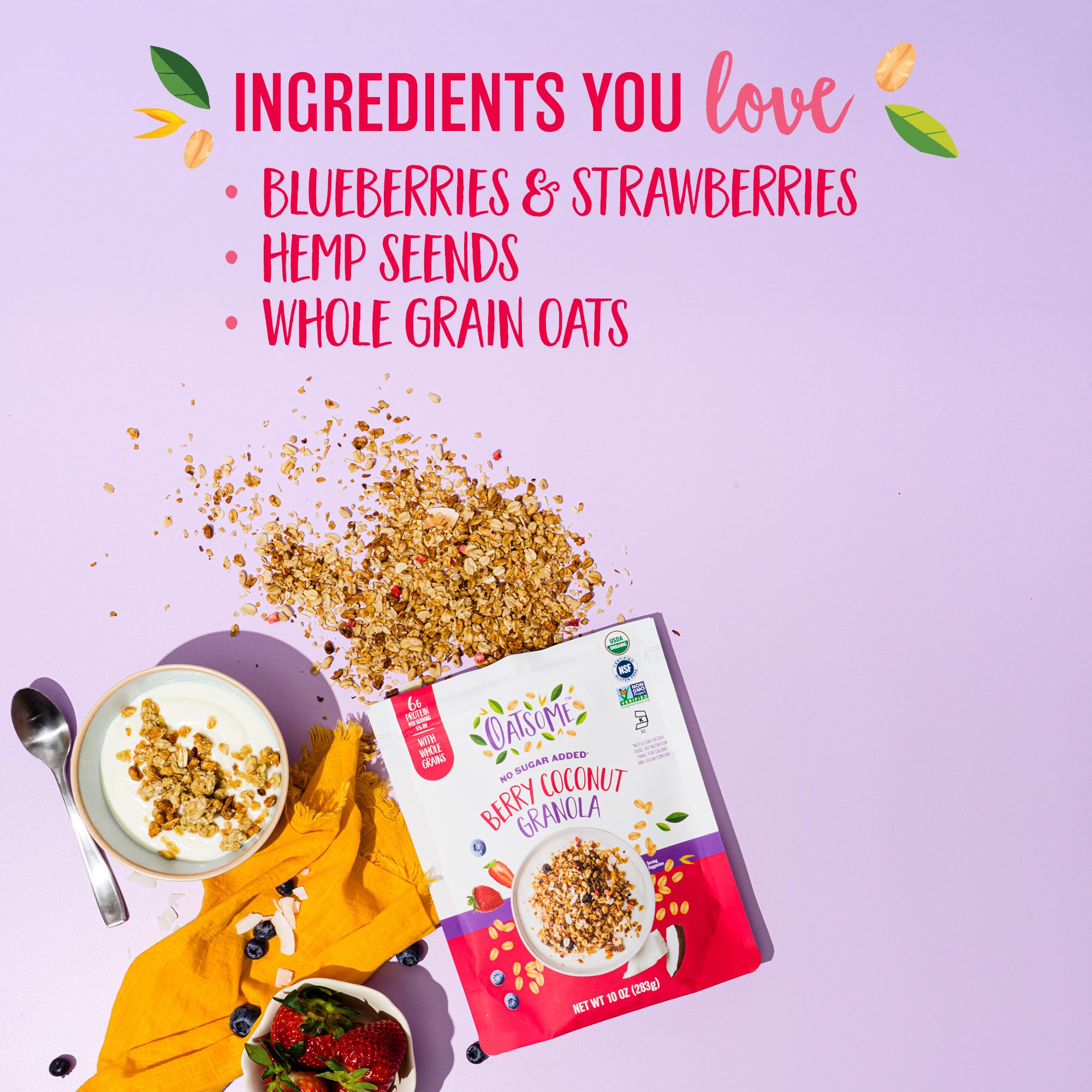 Organic oats and coconut featured in an Oatsome granola ingredient shot.