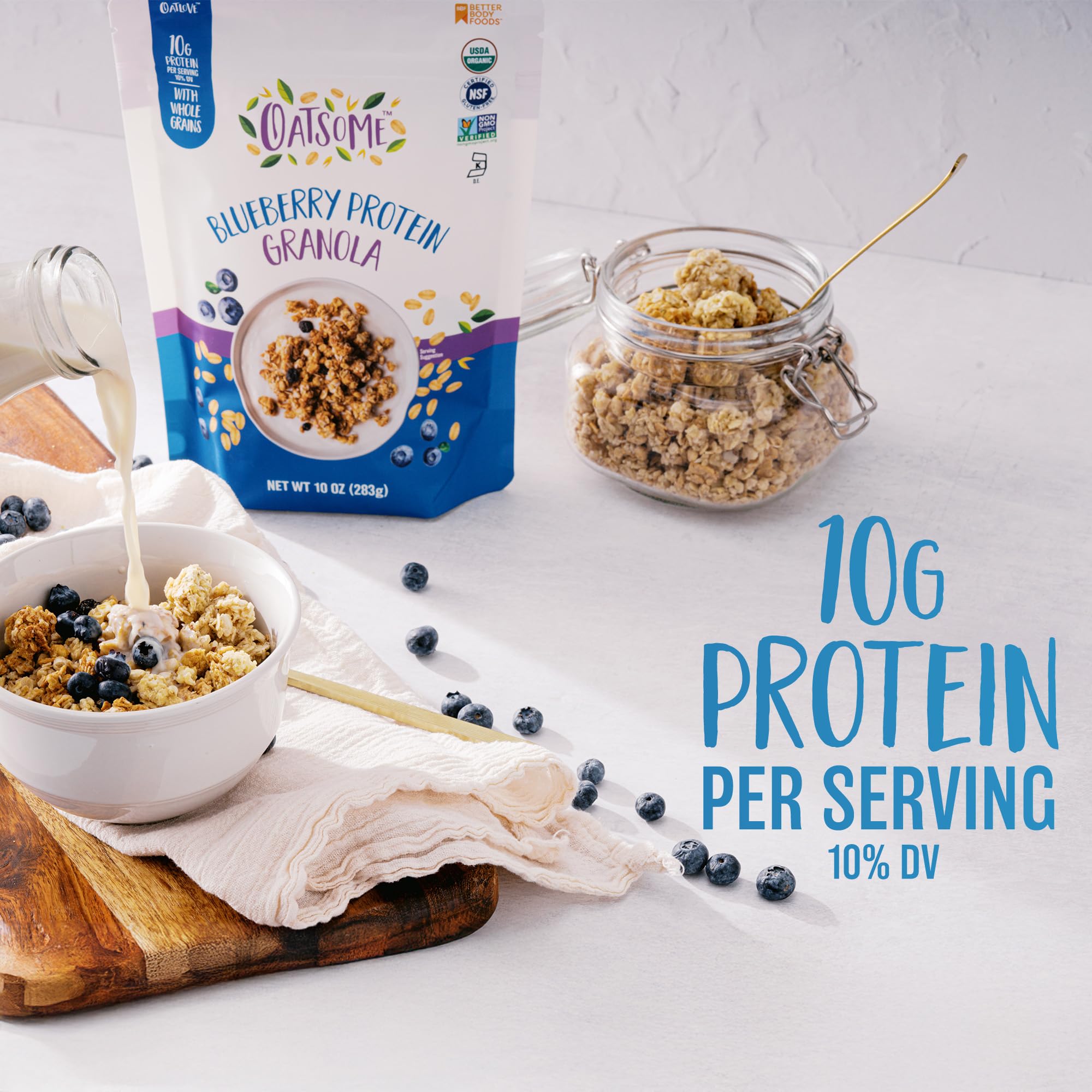 Oatsome Blueberry Protein Granola bag-closeup emphasizes gluten-free, organic oats and blueberries.