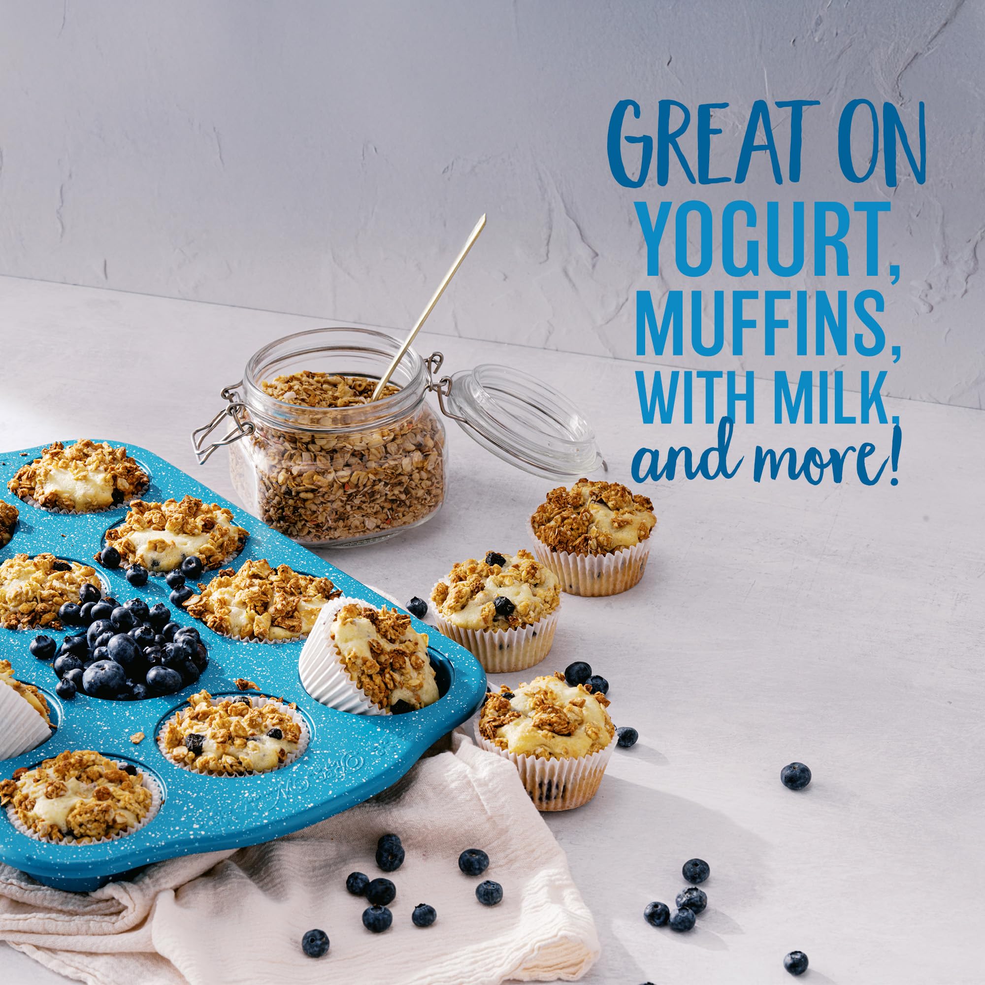 Oatsome Blueberry Protein Granola ingredients-closeup reveals oats and hemp seeds.
