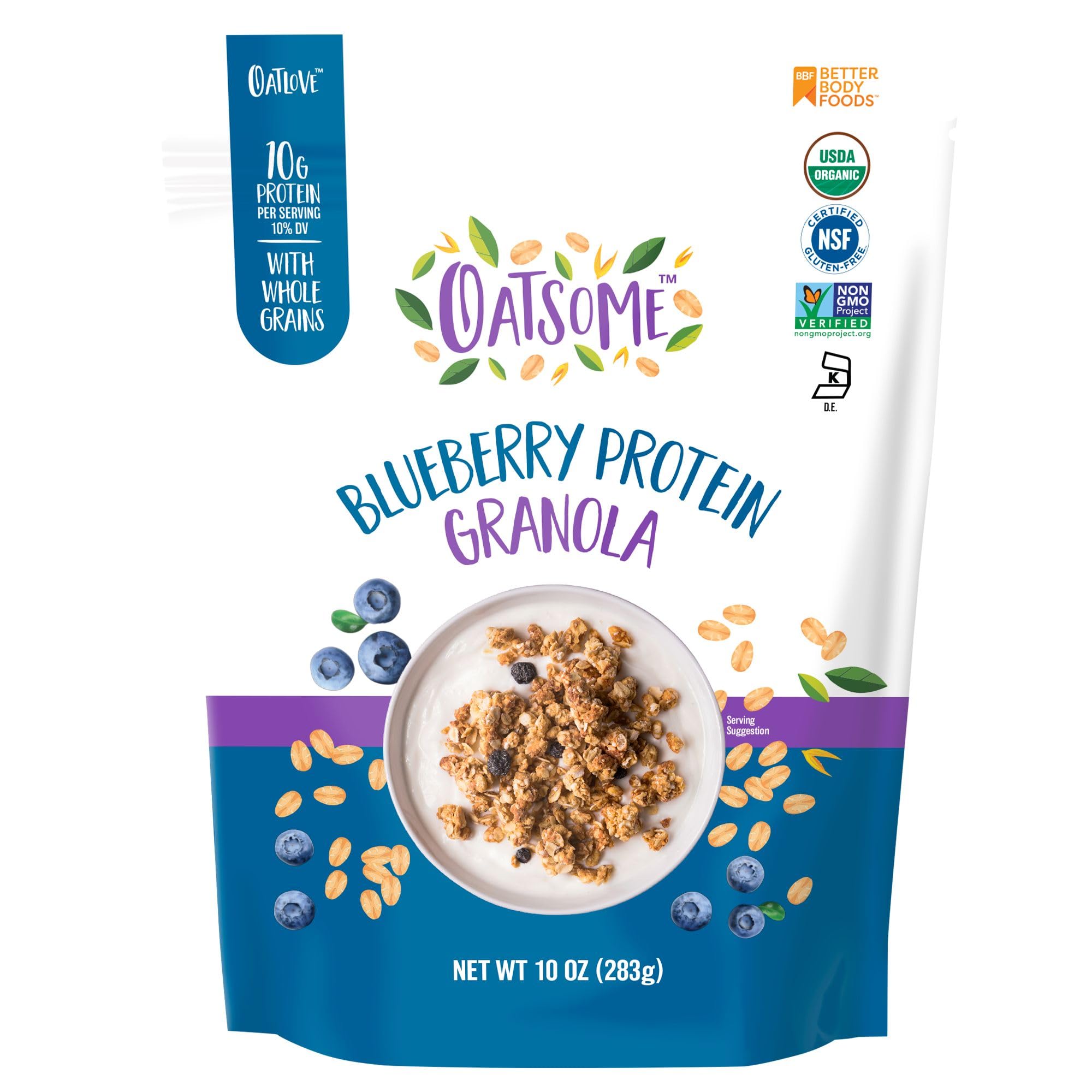 Oatsome Blueberry Protein Granola pack-shot highlights 10 g protein for breakfast.