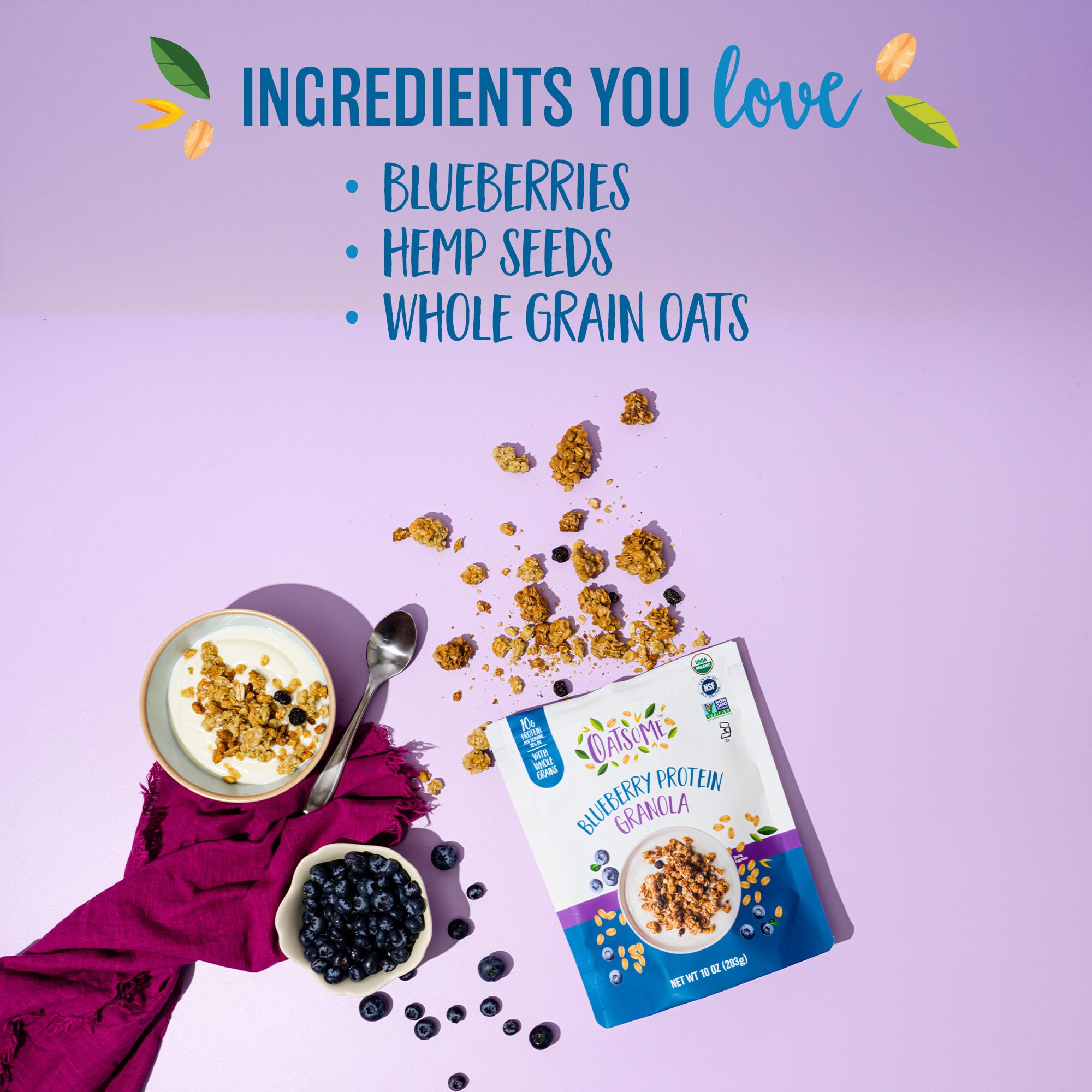 Oatsome Blueberry Protein Granola poured-into-yogurt invites a crunchy breakfast topping.