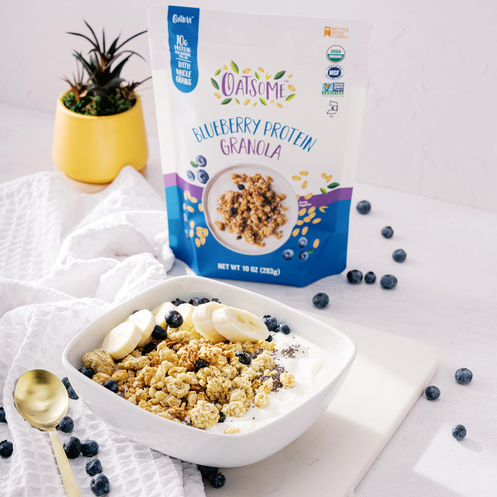 Oatsome Blueberry Protein Granola snack-serving demonstrates a convenient on-the-go option.