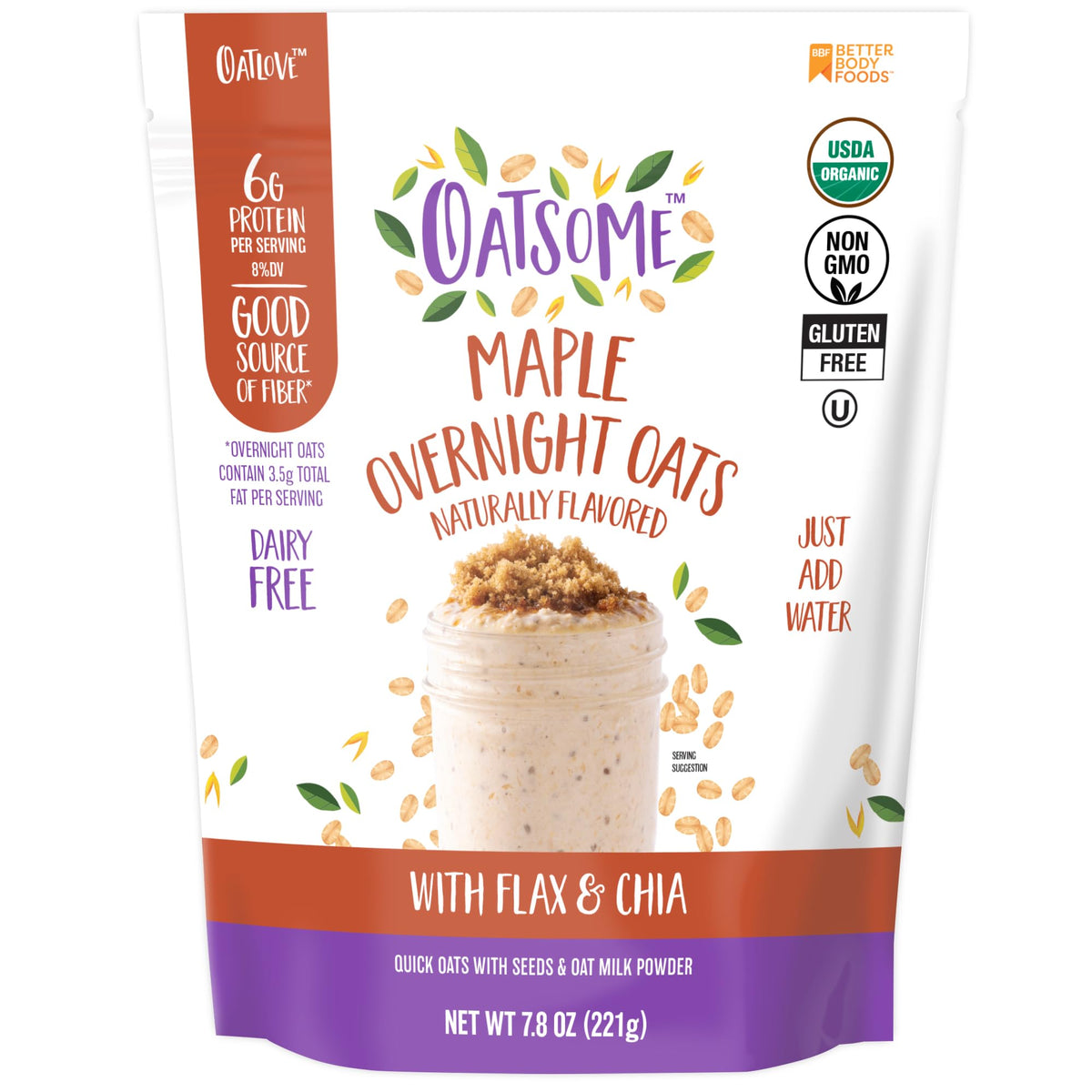 Oatsome Maple Overnight Oats bag front; gluten-free and 6g protein per serving.