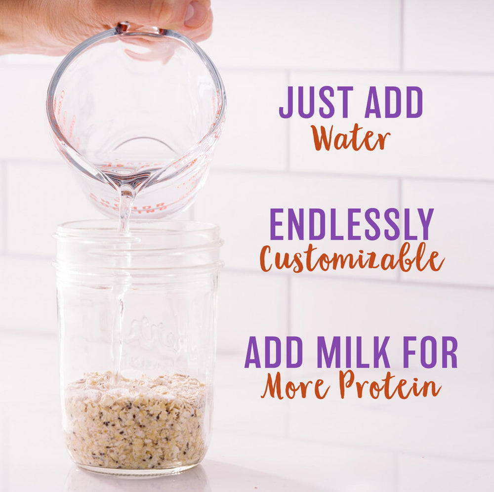 Oatsome Maple Overnight Oats being poured with milk for serving.