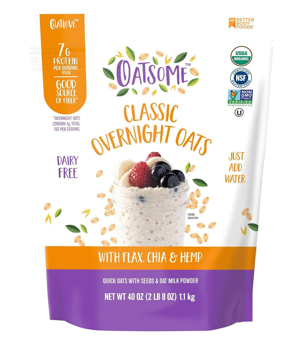 Oatsome Organic Overnight Oats bag on countertop, ideal pantry staple for quick, protein-rich breakfasts.