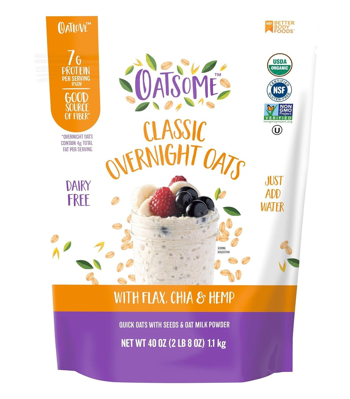 Oatsome Organic Overnight Oats bag on countertop, ideal pantry staple for quick, protein-rich breakfasts.