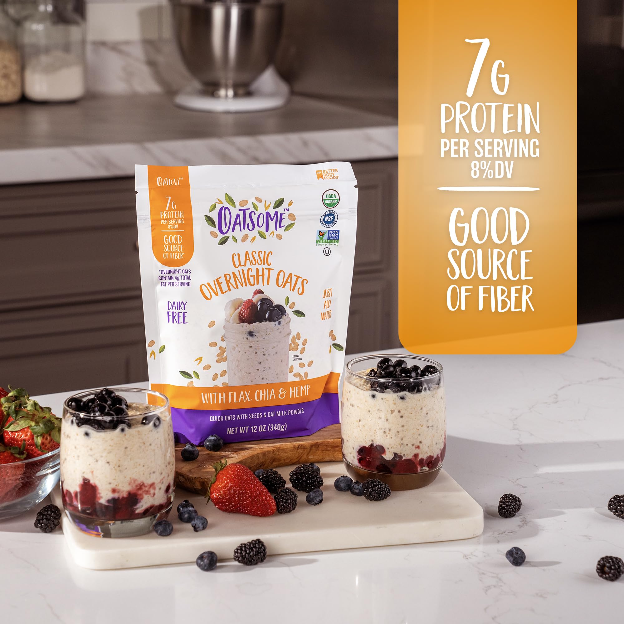 Oatsome gluten-free label emphasizes clean ingredients and easy prep.