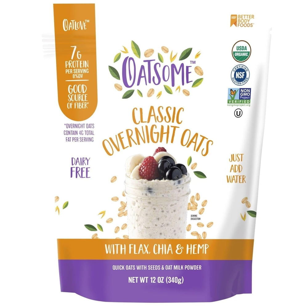 Oatsome Overnight Oats packaging shows gluten-free, protein-rich breakfast in a six-serving pouch.