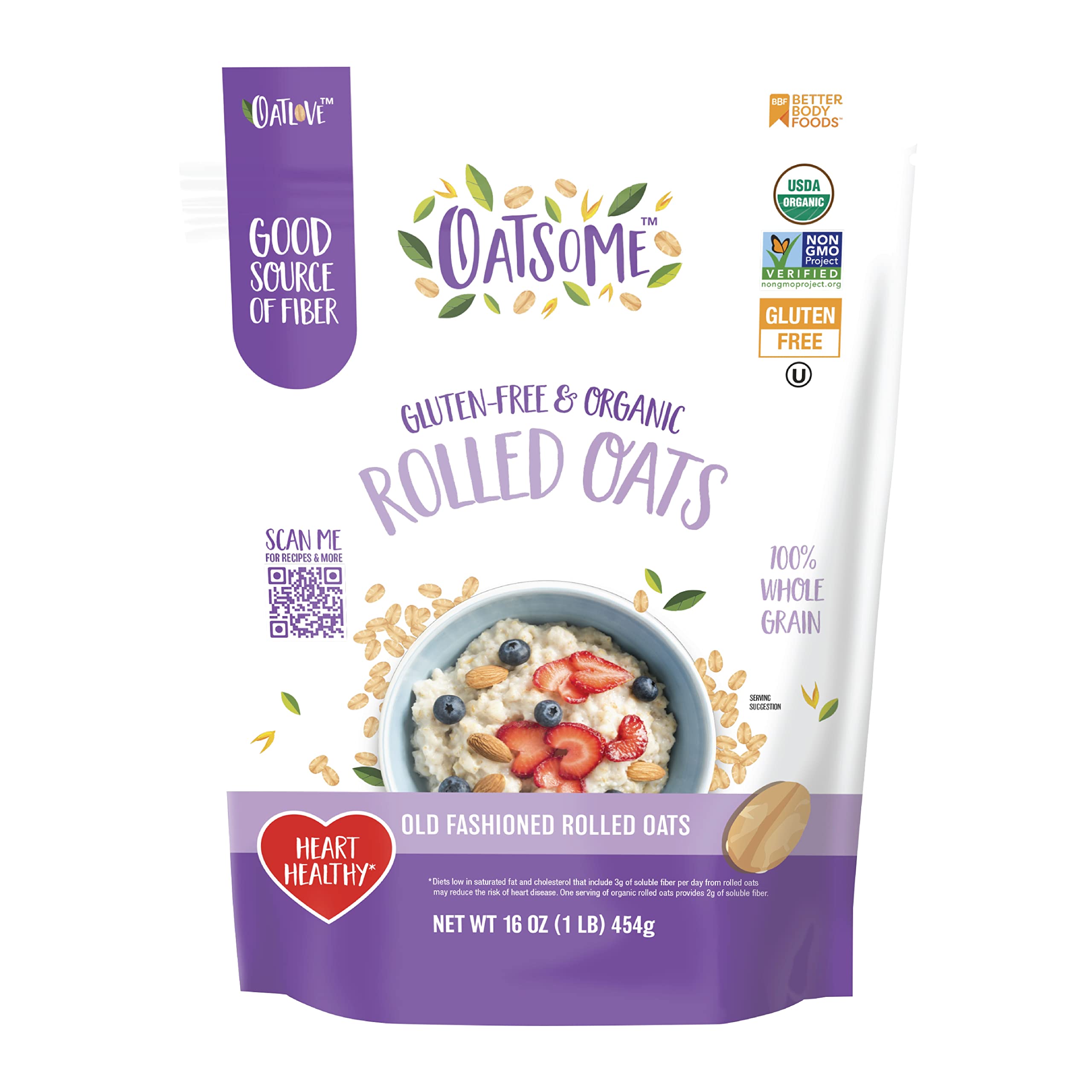 Oatsome Organic Rolled Oats 1lb pack, gluten-free pantry staple.