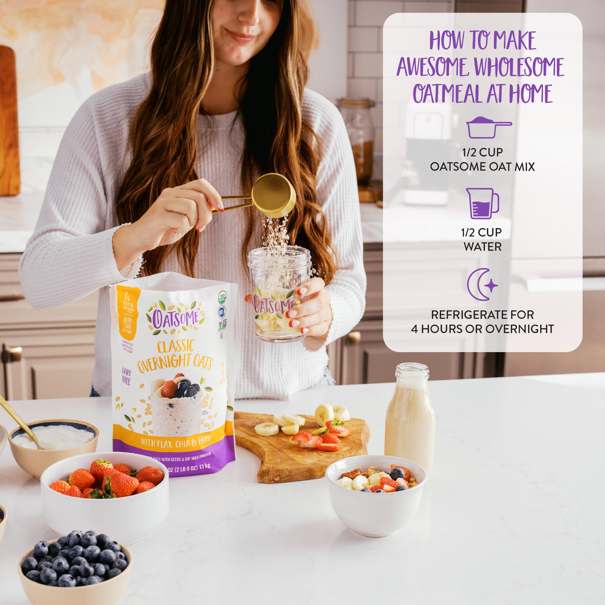 Pour-and-set prep idea for overnight oats with water or milk.