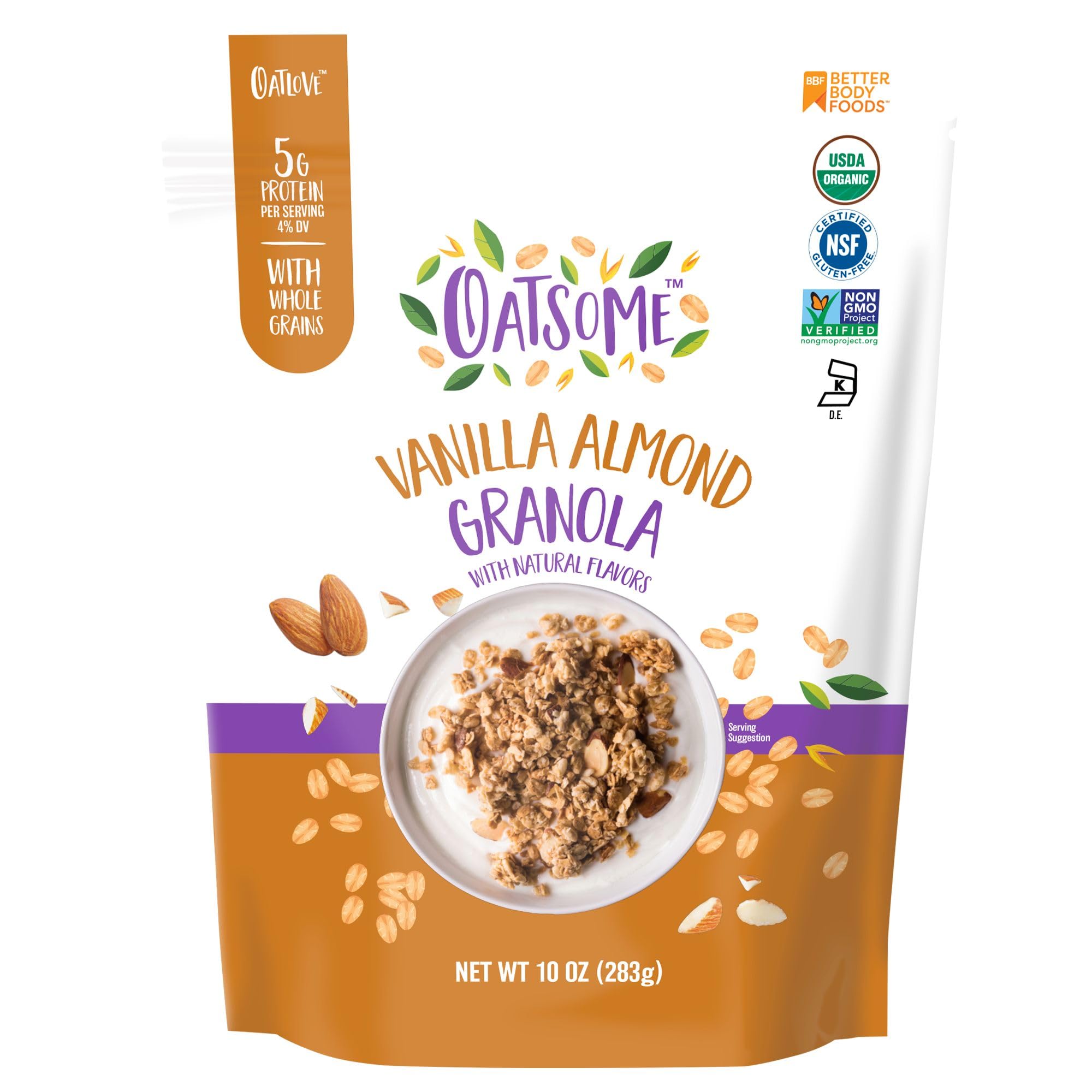 Oatsome Vanilla Almond Granola in a bowl with yogurt for a protein-forward breakfast.