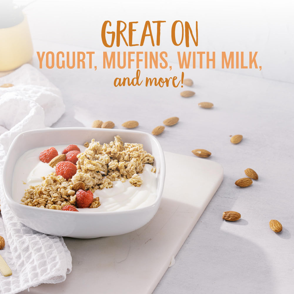 Oatsome Vanilla Almond Granola with milk in a cereal bowl for crunch.