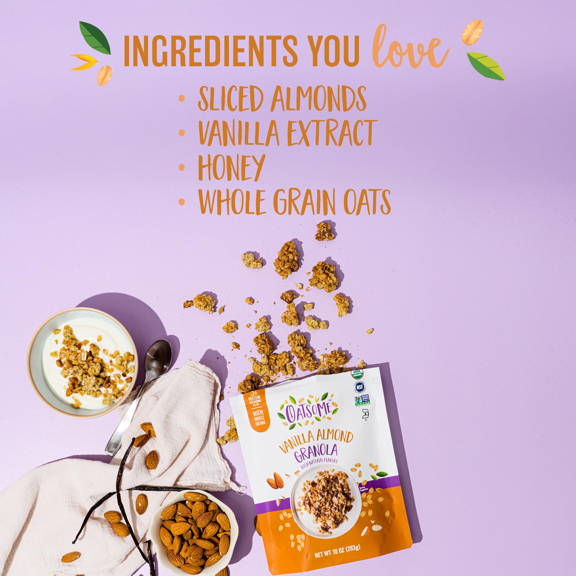 Oatsome Vanilla Almond Granola cluster with visible vanilla notes and oats.
