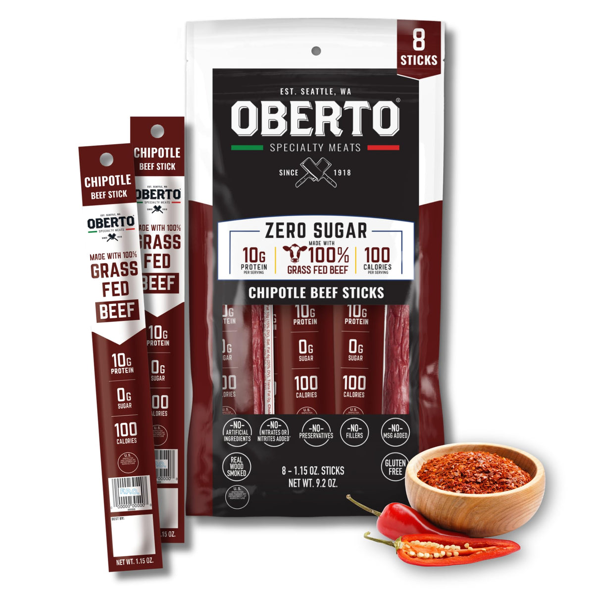 Oberto Chipotle grass-fed beef sticks in an eight-pack for on-the-go protein.