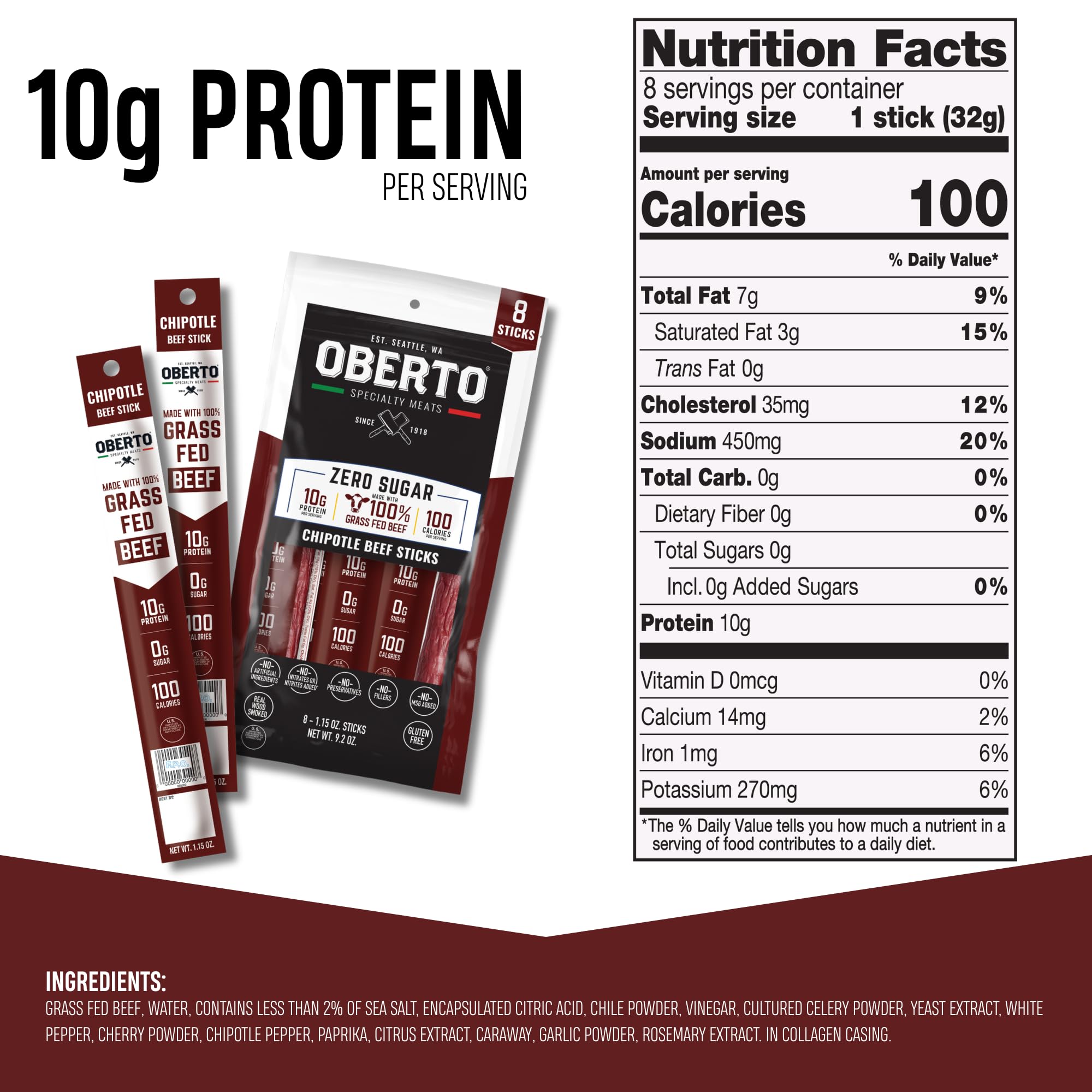 Close-up of Oberto chipotle smoked beef stick with rich wood-smoked flavor.