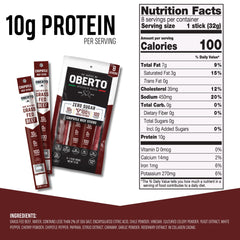 Close-up of Oberto chipotle smoked beef stick with rich wood-smoked flavor.