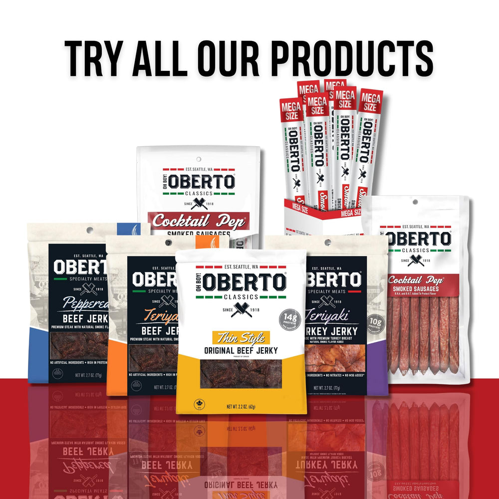 Oberto Classic package image emphasizing shareable 12oz design and durability.