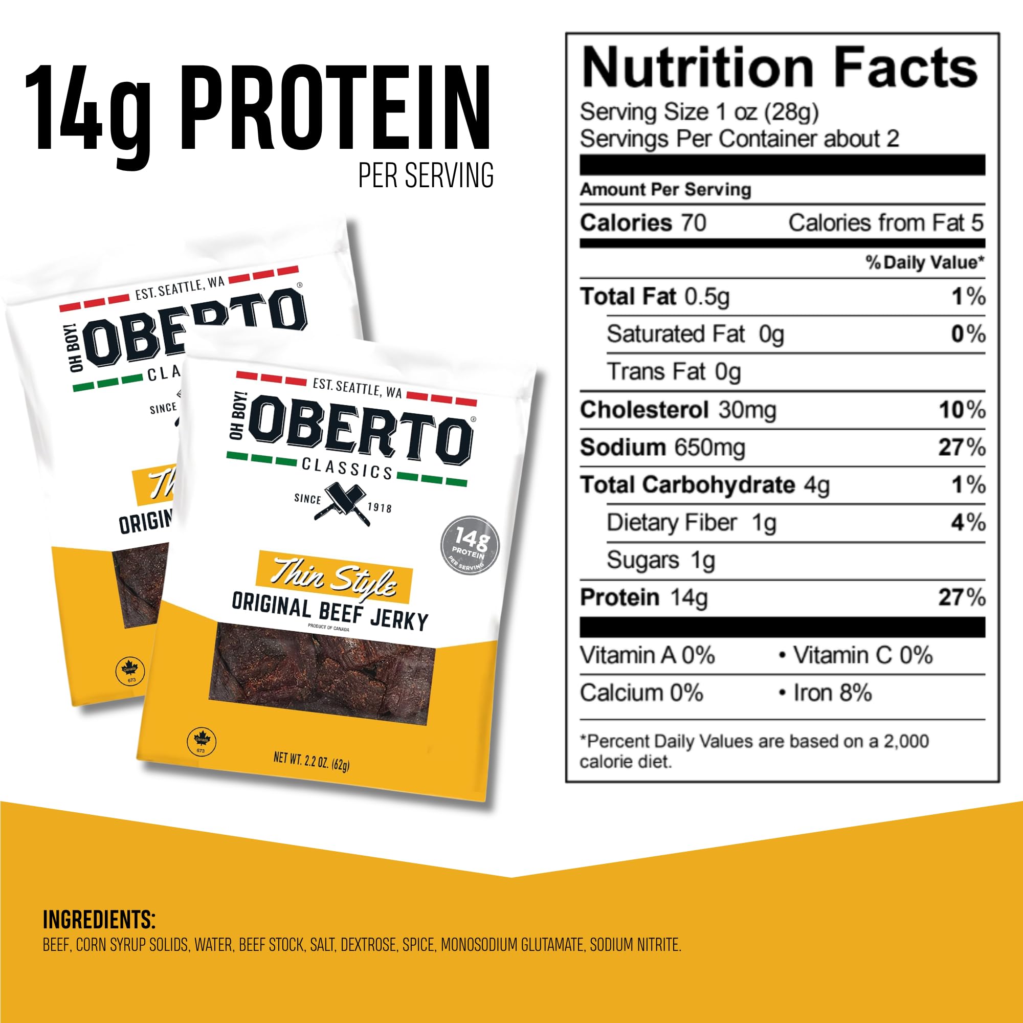 Oberto Classics Thin Style Original Beef Jerky pack resealable—freshness for on-the-go snacking.