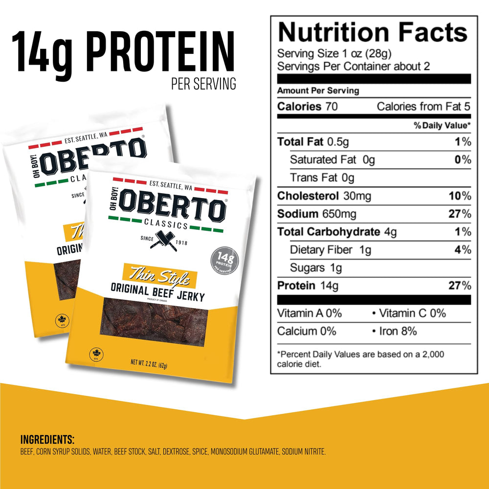 Oberto Classics Thin Style Original Beef Jerky pack resealable—freshness for on-the-go snacking.