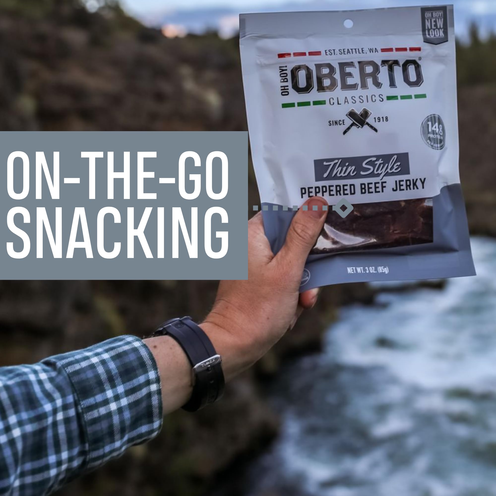 Oberto jerky sealed bag photo emphasizes freshness and resealable convenience.