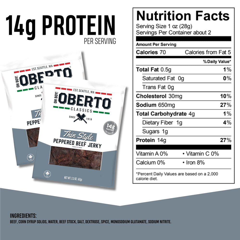 Oberto Classics Thin Style peppered jerky slice closeup highlighting texture and lean protein.